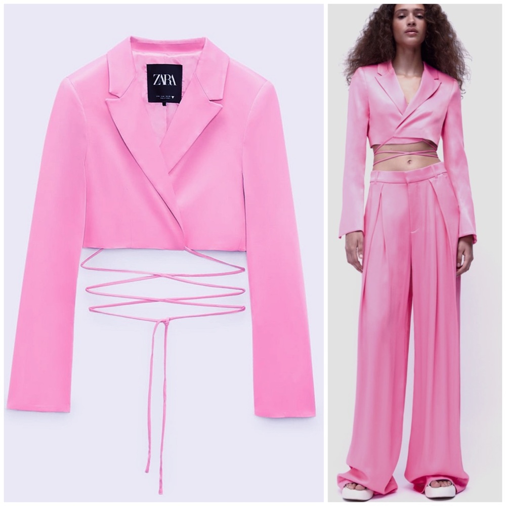 Zara pink satin effect cropped blazer
